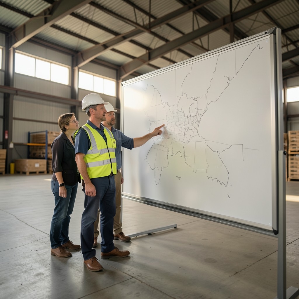 Warehouse lead pointing to a wall-mounted movement map during a shift briefing