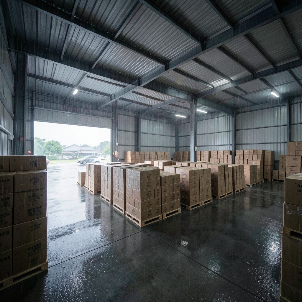 Covered warehouse staging near loading doors during rainy weather