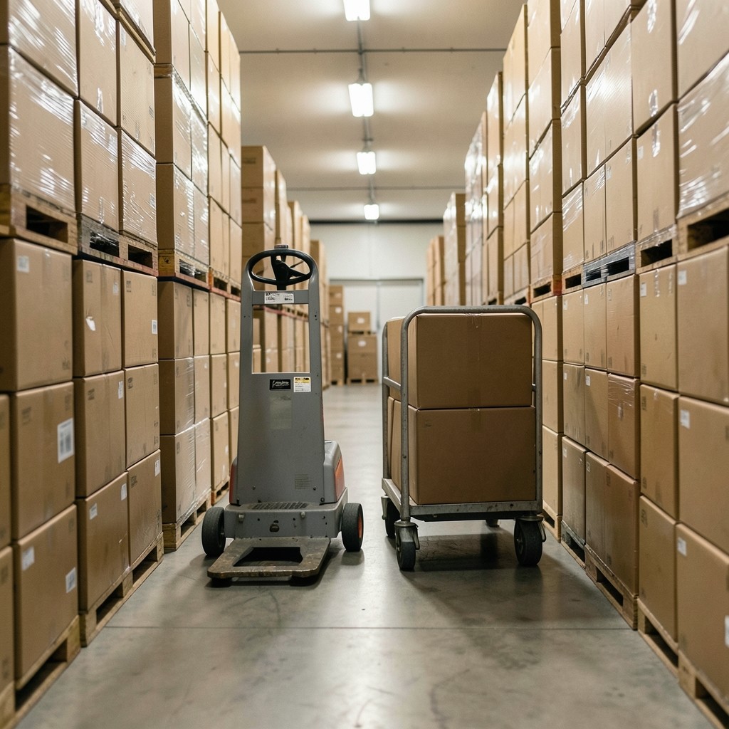 Pallet jack and hand cart sharing a narrow wholesale aisle