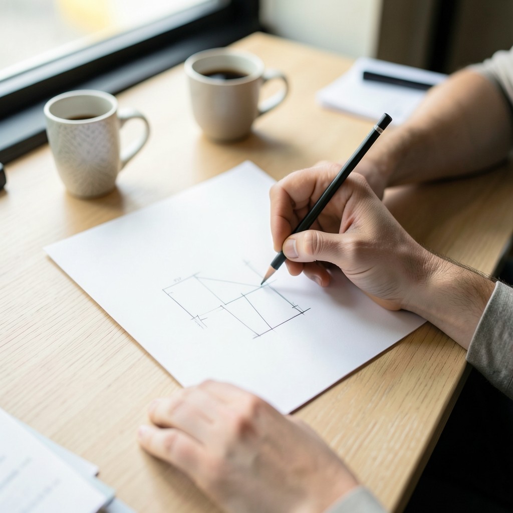 Analyst sketching inventory movement paths on paper during a warehouse visit