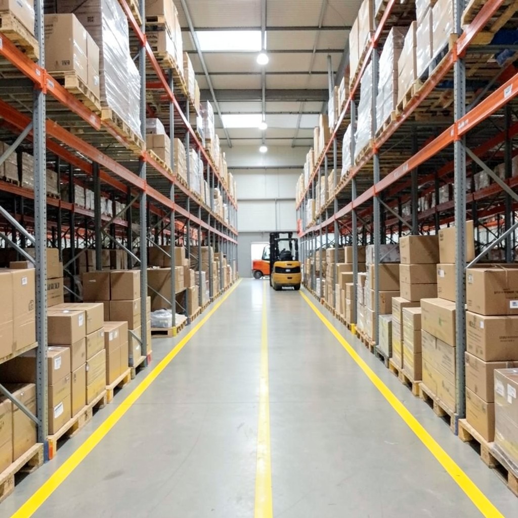 Wholesale warehouse aisle with stacked pallets and marked movement paths
