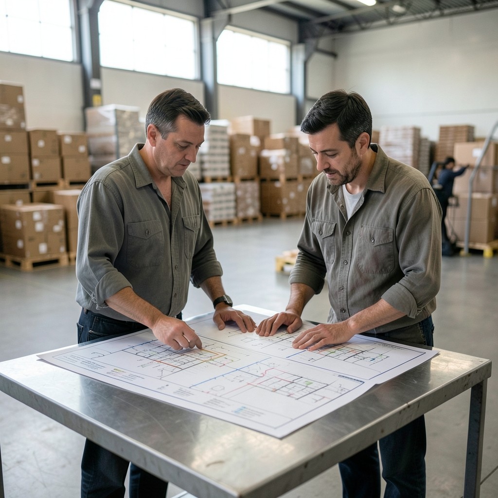 Supervisors reviewing printed stock flow charts on a warehouse table